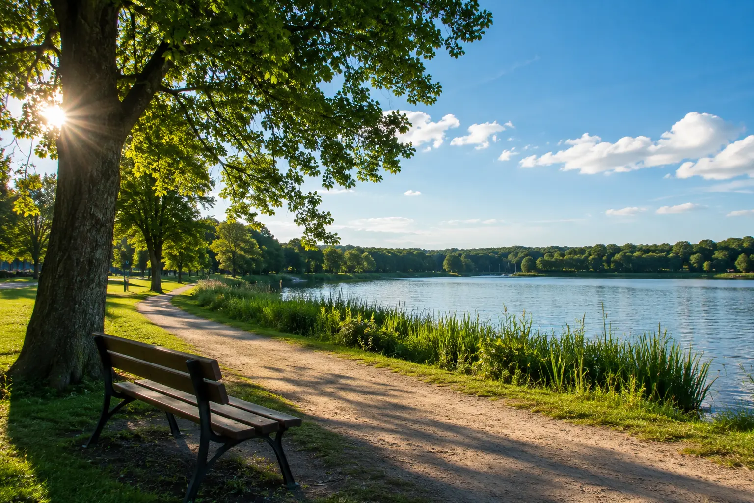 Ruhiger Parkweg an einem See im Potsdamer Umland
